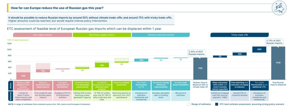 Waterfall chart showing how much Europe can reduce the use of Russian gas this year