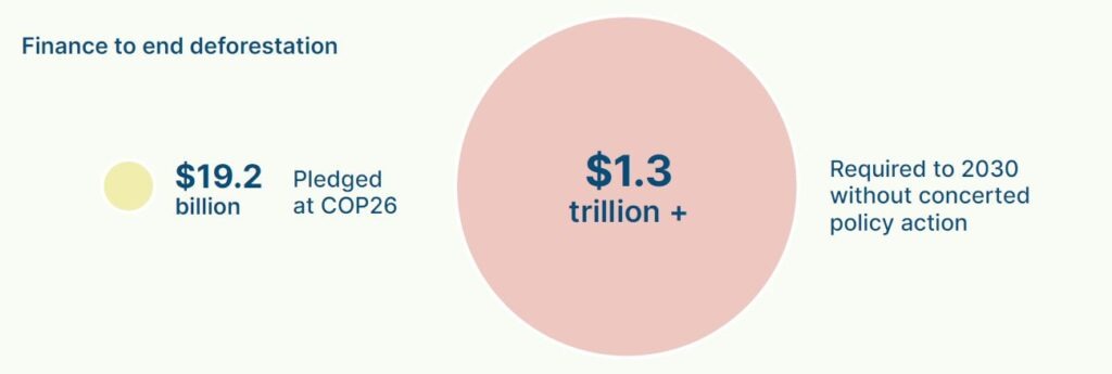 Bubble chart showing pledges versus real costs to end deforestation