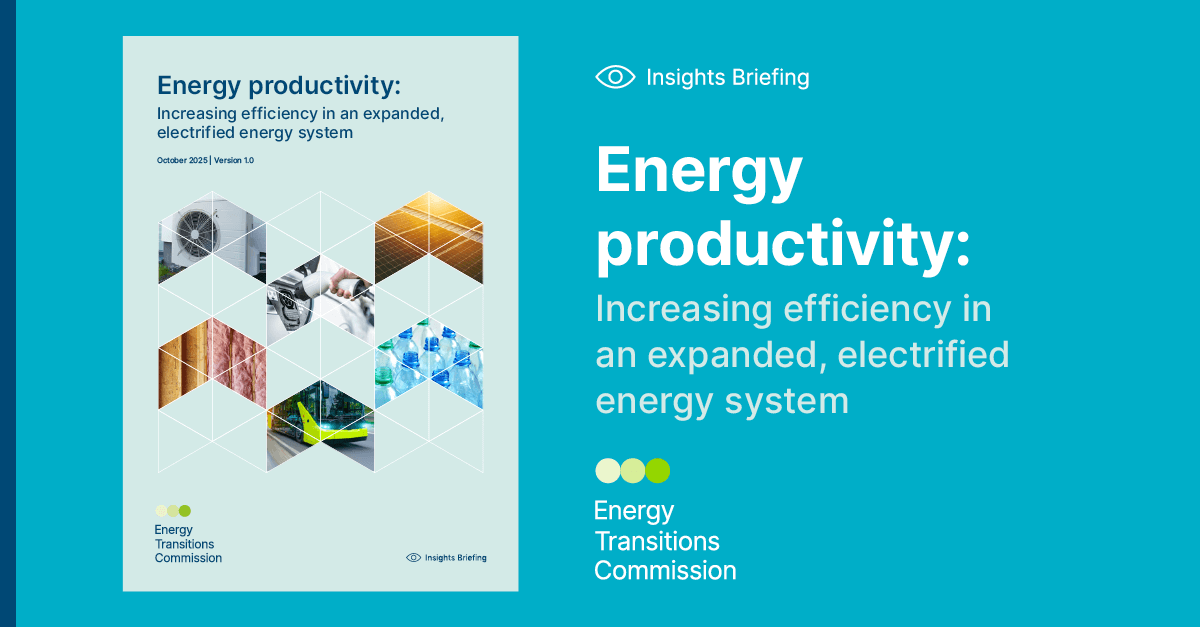 Infographic showing an expanded, electrified economy where energy productivity gains enable higher output without proportional energy increase.